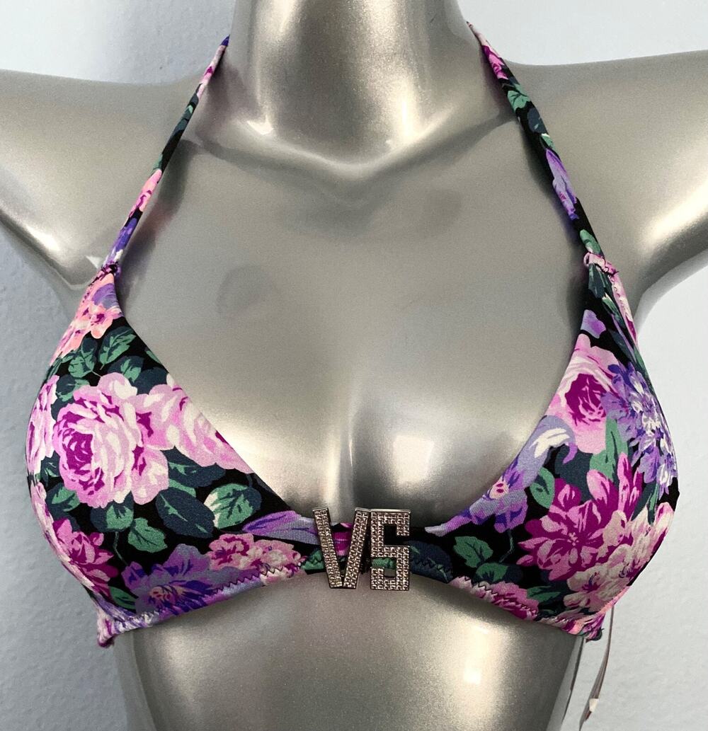 Victoria's Secret Swim Bikini Top Nwt Floral Embellished VS Shine Logo Small S